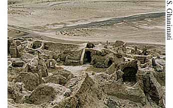 Looking down at Kuh-e Khwaja's fire temple, Lake Hamun, eastern Iran (circa 600-700 A.D.)