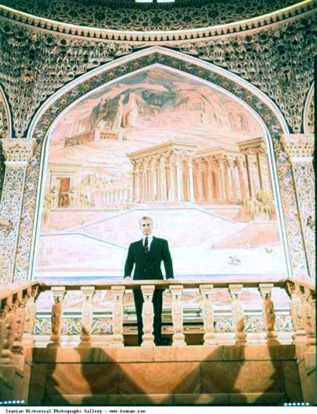 ROYALTY: Shah in Front of a "Persepolis" Depiction in Marble (Marmar) Palace (1973)