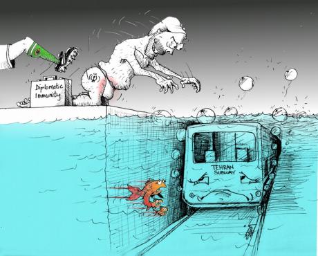 Political Cartoon “Diplomatic Swim in Tehran Subway” by  Kaveh Adel