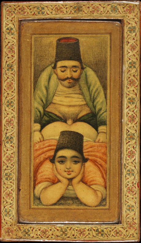 An erotic (Homosexual) Qajar lacquer Mirror-Case